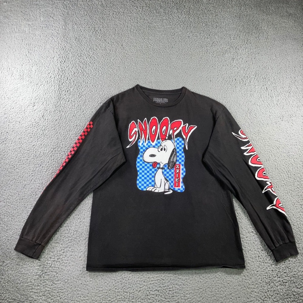 Peanuts Snoopy Graphic Tee Mens L Black Faded L/S Thrashed Streetwear Grunge y2k